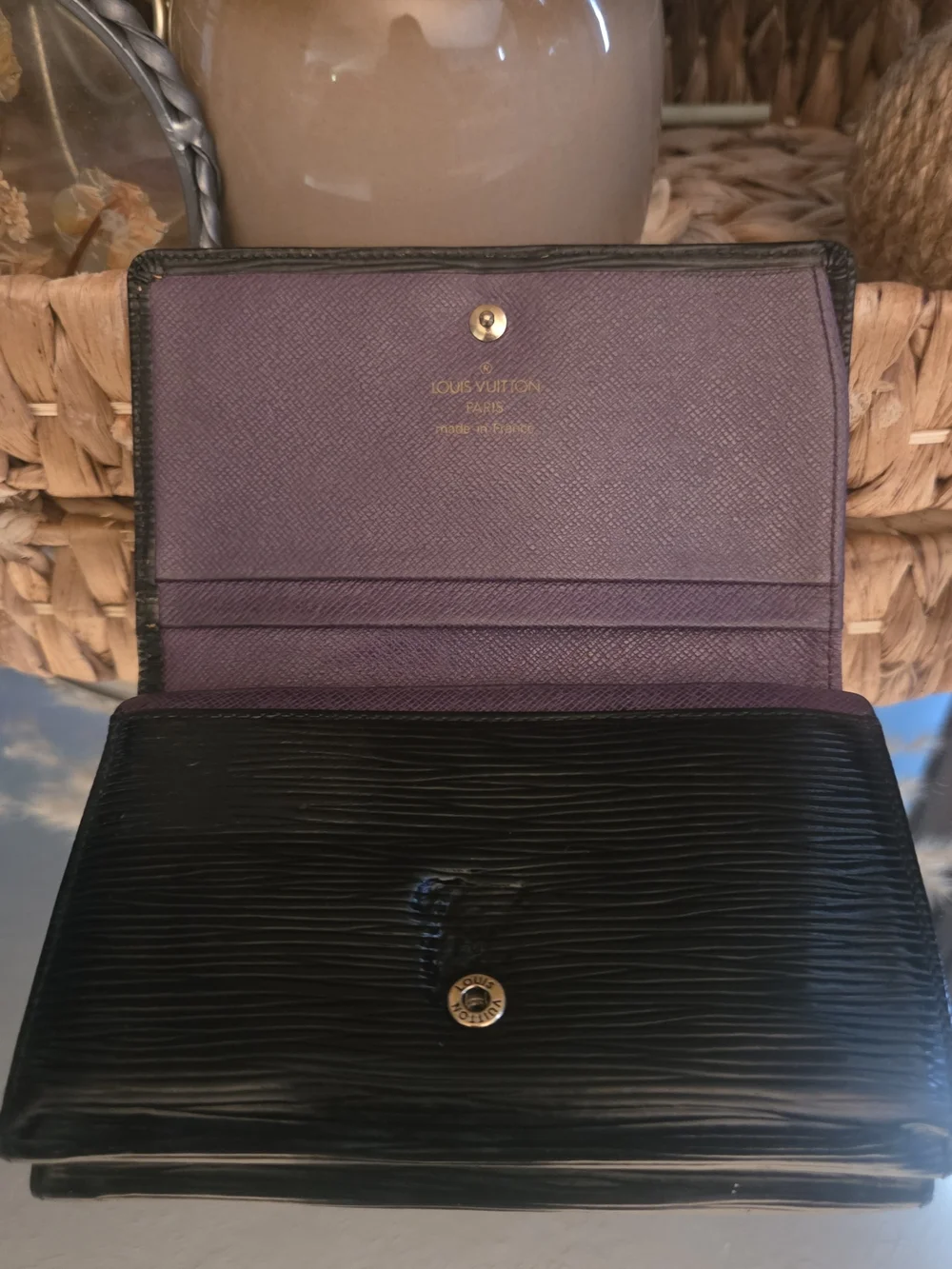 Louis Vuitton Vintage 97 Black Epi Leather Wallet Purple Interior